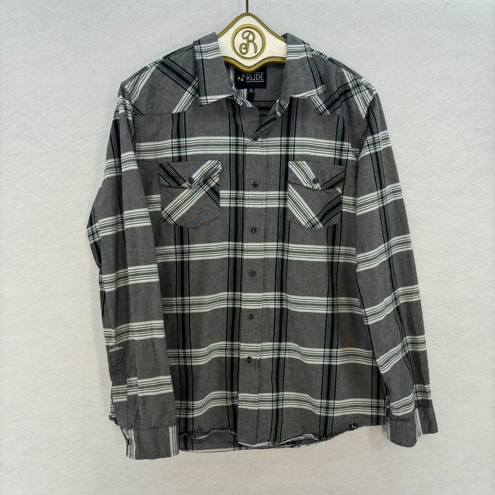 Xxx Rude Plaid Button Down Shirt Men's Medium Gray Casual Work School Hot Topic